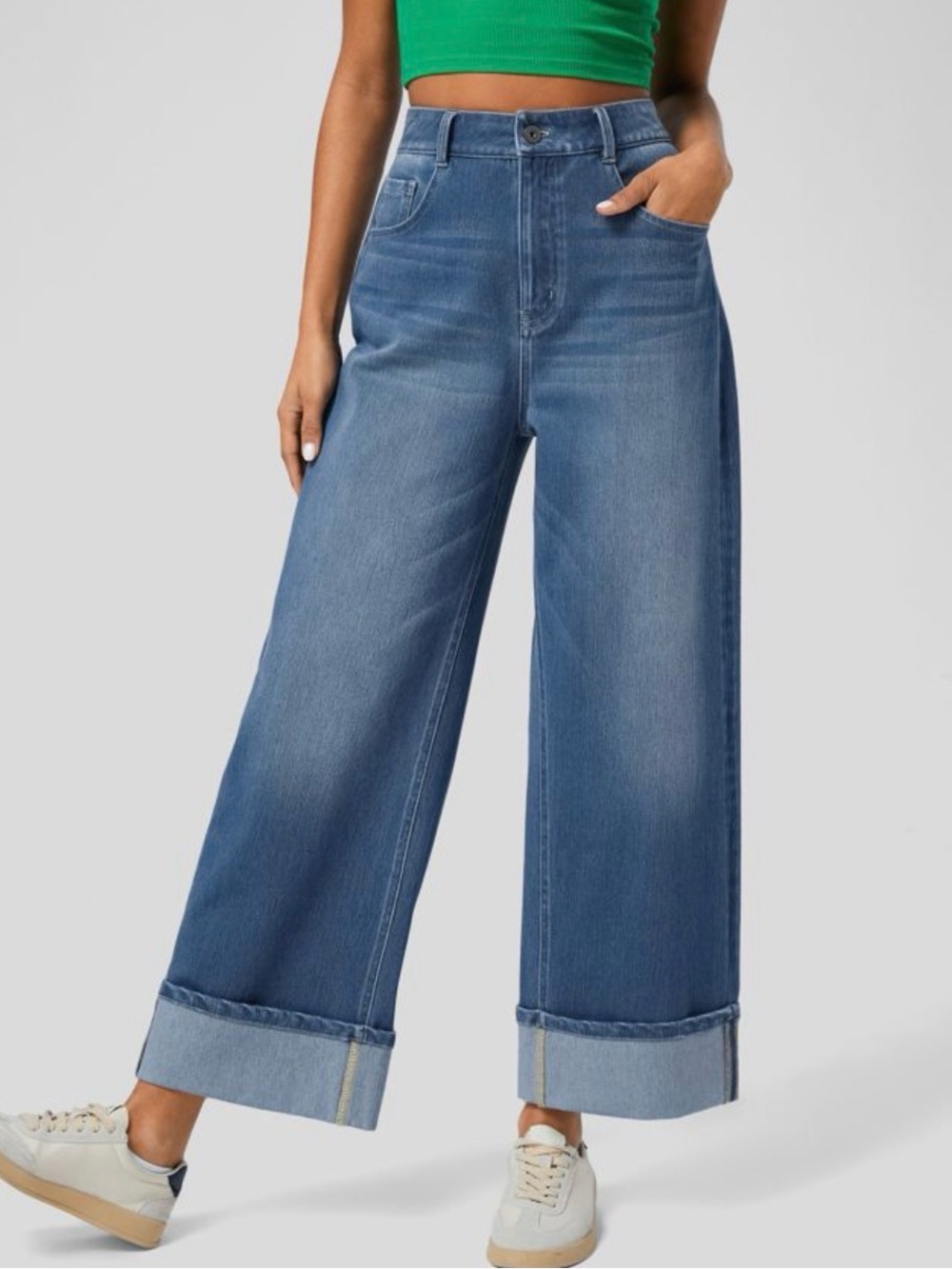 Halara Flex High Waisted Jeans Size XS  Rolled Hem Wide Leg Washed NEW